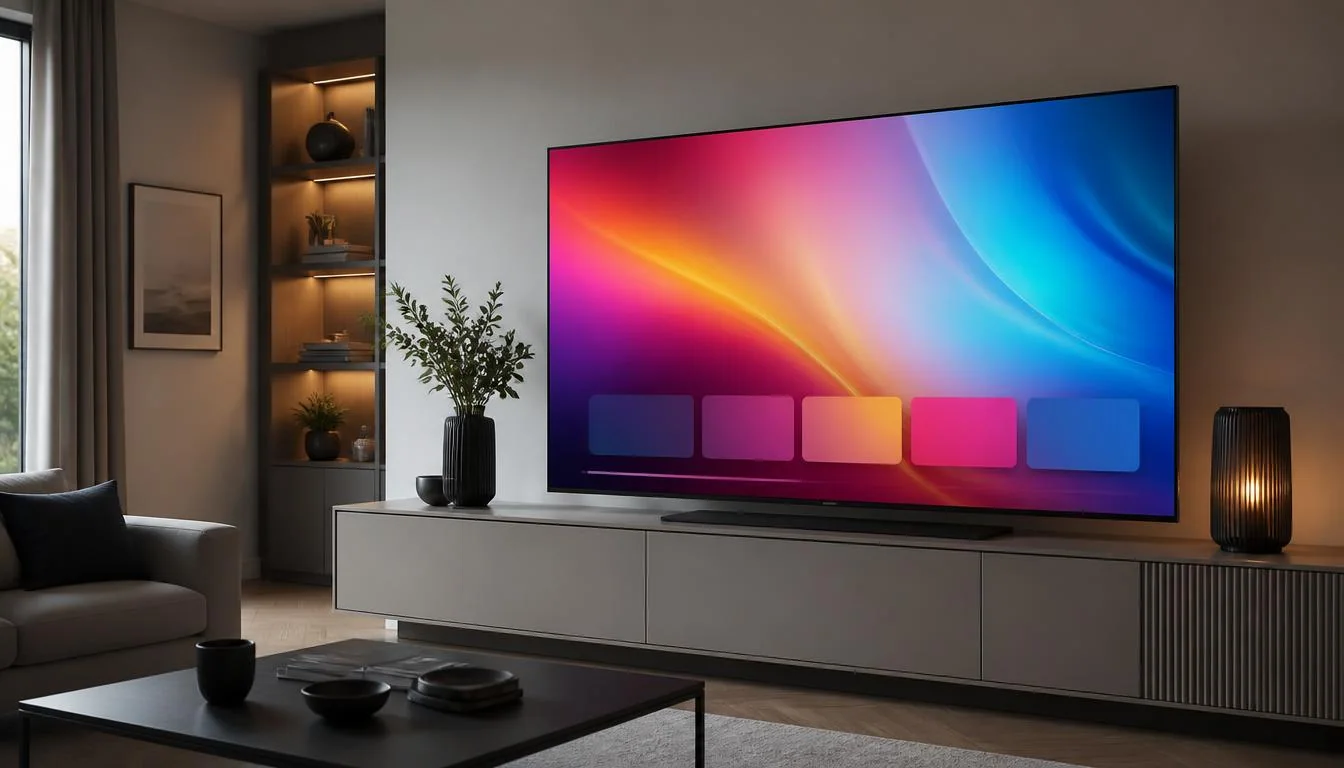 Moderner Smart-TV mit farbiger Oberfläche in einem gemütlichen Wohnzimmer