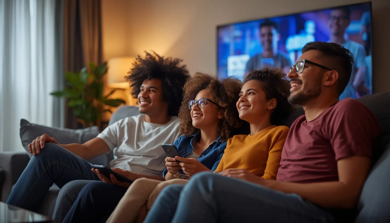 Familie schaut gemeinsam Fernsehen auf dem Sofa